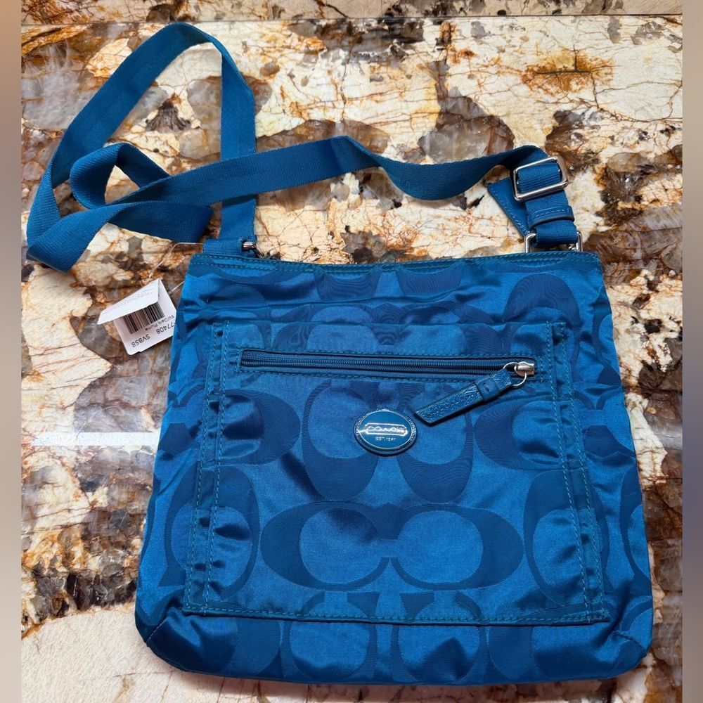 Coach Getaway Signature Nylon File Bag Dark Plume/Sliver NWT - Picture 1 of 12